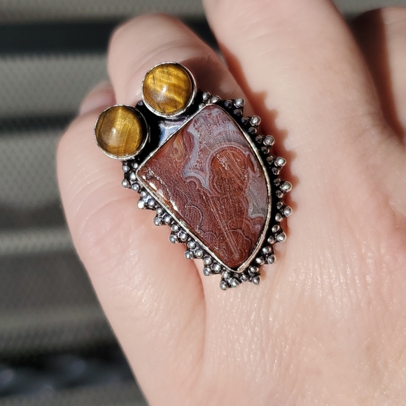 New Lake Superior Agate & Tiger Eye 925 Silver Ring. - Picture 12 of 13